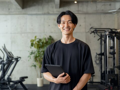 タブレットを持ちパーソナルジムで爽やかに微笑む男性トレーナーのポートレート写真