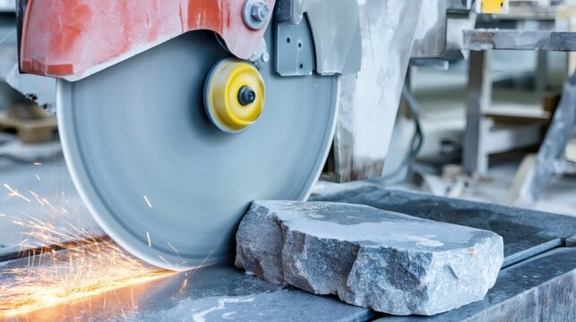 Circular saw cutting granite emitting sparks in workshop