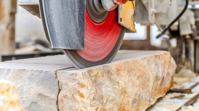 Circular saw cutting natural stone block for construction
