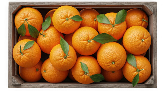 A wooden crate filled to the brim with fresh ripe oranges and green leaves from above isolated on transparent background