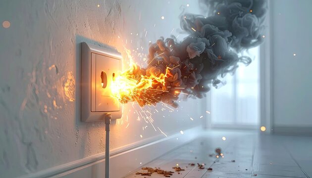 Electrical outlet fire hazard with smoke in modern home interior