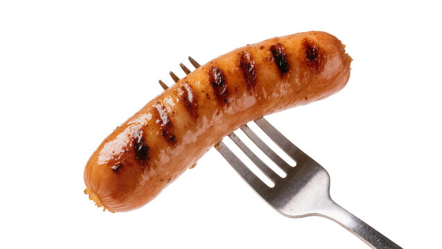 Grilled sausage on fork with char marks and meaty texture