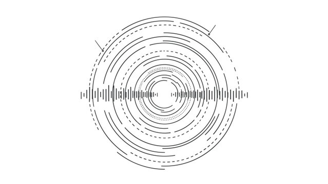 Abstract design featuring concentric circles and dashed lines, with a central horizontal band of sound waves or data pulses, suggesting technology.