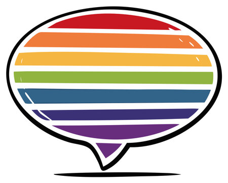 Rainbow-colored speech bubble, representing LGBTQ+ pride and inclusivity, with black outline and lines.