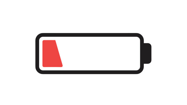 Critically low battery level indicator, showing a red segment in a simple, minimalist graphic design, signifying depleted power.