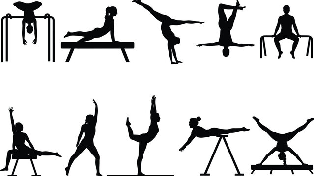 Gymnast silhouettes, parallel bars, pommel horse, balance beam, floor exercises, dynamic poses, handstands, splits, balancing acts, strength, agility, flexibility, artistic sport