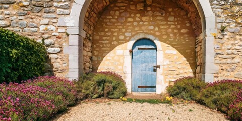 Fototapeta premium Blue wooden door in old stone archway surrounded by blooming lavender garden at sunset, rustic historic building exterior for travel and lifestyle mediterranean branding