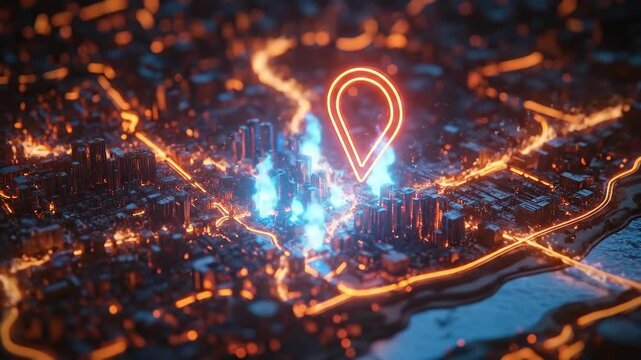 Futuristic city map with neon location pin and glowing streets at night