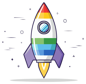 Colorful cartoon rocket ship with rainbow stripes, window, and stylized flames