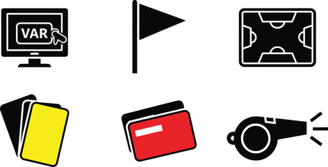 Soccer Referee Icon Set with VAR Screen, Whistle, Yellow, and Red Cards © Abdul
