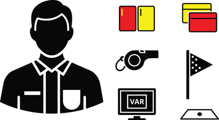 Soccer Referee Avatar Icon Set with Red Yellow Cards Whistle and VAR Monitor © Abdul