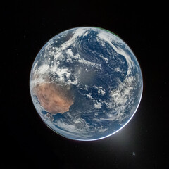 Fototapeta premium Real photo of Earth from deep space 2026, blue planet with clouds and atmosphere, human spaceflight perspective after departure, realistic orbital photography, global horizon