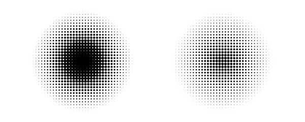 Halftone gradient circles collection. Dots textured round patterns. Cartoon comic radial faded background set. Abstract pixelated elements for frame poster collage banner flyer. Vector bundle © Qomar
