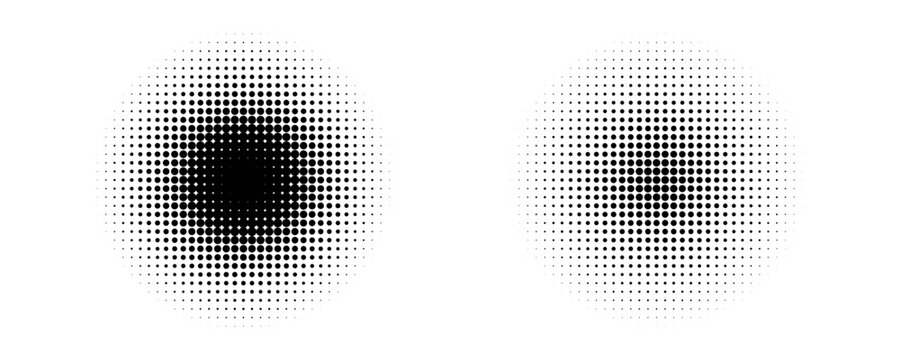 Halftone gradient circles collection. Dots textured round patterns. Cartoon comic radial faded background set. Abstract pixelated elements for frame poster collage banner flyer. Vector bundle