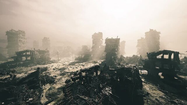Expansive ruined landscape. Large stretch filled with deteriorated structures and dark mood. Vast open terrain dotted with shattered shapes and somber ambiance