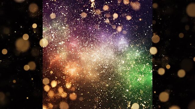 "A cosmic abstract background resembling a galactic scene, filled with bright particles and star-like specks across a gradient of purple, pink, orange, yellow, and green, with golden bokeh circles sca