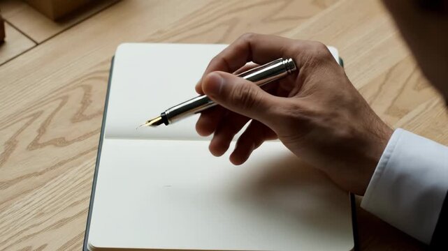 Man writing in notebook with fountain pen. Hand of guy resting on diary page. Business document preparation. Concept of education, professional work and stationery.