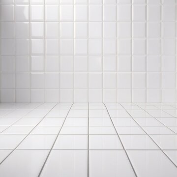 clean white ceramic tile wall and floor background with subtle grout lines and soft, even studio lighting