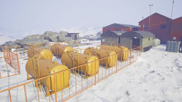 Cylindrical tanks clustered on snow with visible valves and piping safety rails and access platforms frost forming on metal surfaces labels and gauges showing