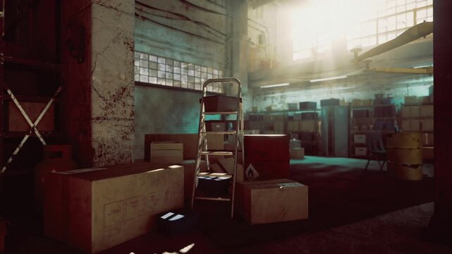 Moody industrial rehearsal space bathed in warm sunlight with central ladder and scattered crates tall pillars and high windows create patterned shadows,