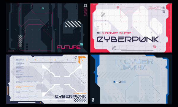 Modern cyberpunk poster set. Futuristic Abstract HUD. Sci fi backgrounds for streaming. Vector Illustration EPS10