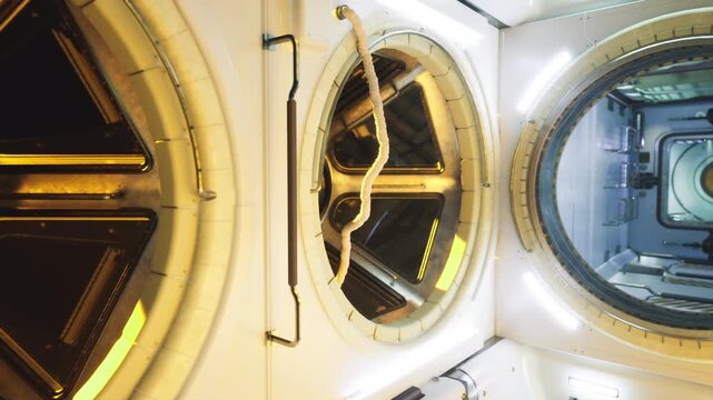 Circular airlock hatch inside space station, golden struts, maintenance rope hanging, interior ring details, industrial lighting, technician inspection scenario
