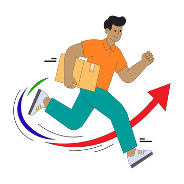 Fast delivery man running with package and upward growth arrow illustration