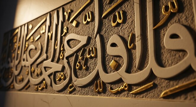 Arabic calligraphy on textured surface with gold accents