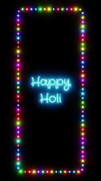 Glowing happy easter sign in flashing vertical frame, 3D render. Happy easter background, dotted neon frame. Christian spring religious holiday celebrated in honor of the resurrection of Jesus Christ
