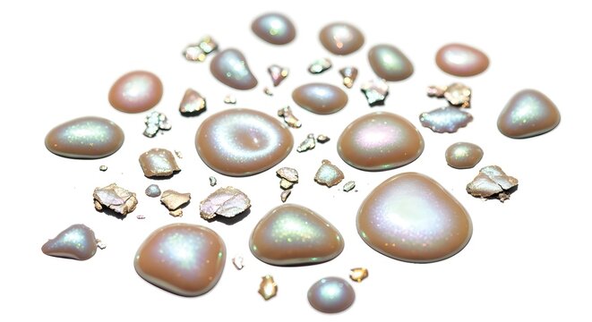 Iridescent pearls of various sizes scattered on a white background, showcasing their unique luster and natural beauty