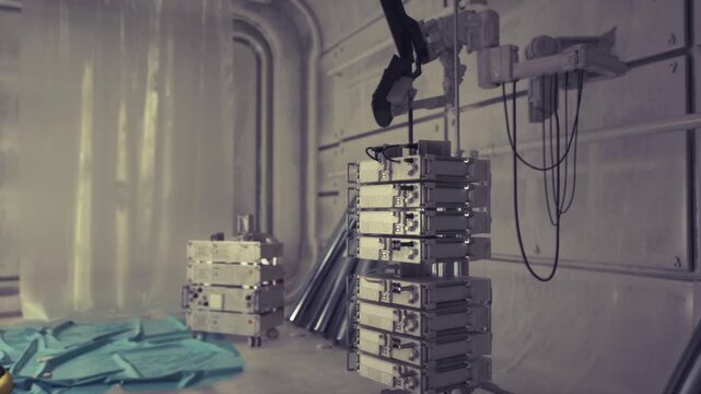 Stacked medical crates under soft lighting, blue tarp on floor, curtain divider, cables and mounting rigs, atmosphere of readytodeploy mobile clinic