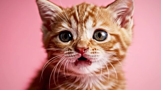 Close up of ginger kitten with open mouth against pink backdrop