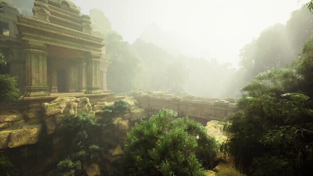 Misty jungle temple ruins shrouded in early morning fog, overgrown stone steps and weathered carvings reveal centuries of abandonment, dense tropical foliage