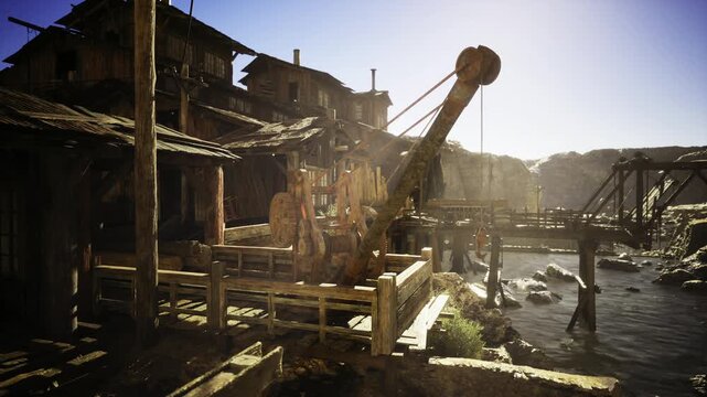 Sunlit wooden dock with hoist, weathered planks, calm water reflections, rope coils and old crane casting long shadows, warm golden light, textured timber
