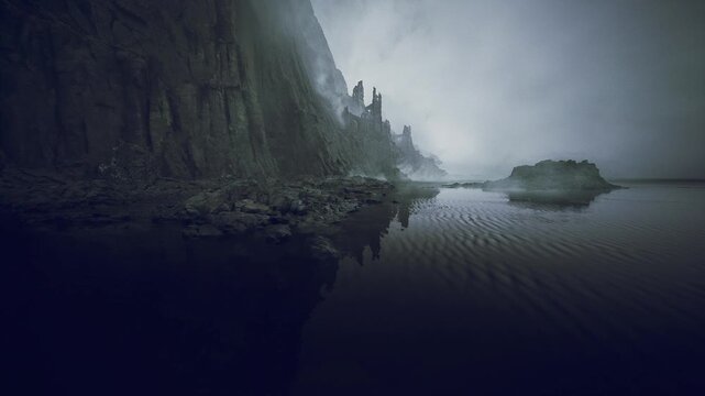 Fogshrouded coastline at dawn calm light, rocky promontory fading into distance, glassy water mirror with soft gradients, muted palette conveys tranquil