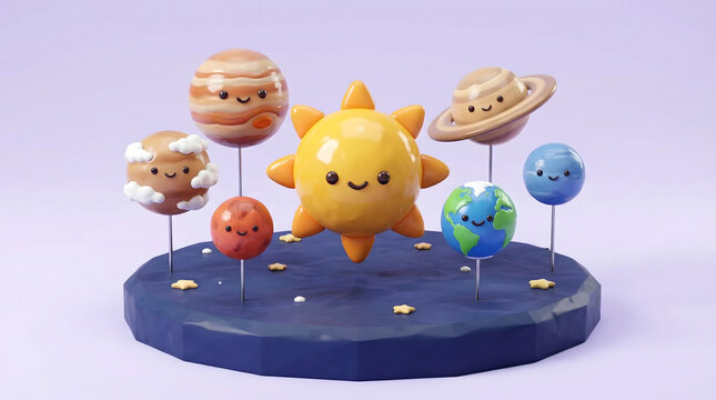 Cute Cartoon Solar System Diorama Featuring Adorable Smiling Planets and Sun on a Dark Blue Base Against a Light Purple Background Whimsical 3d Rendered Educational Illustration