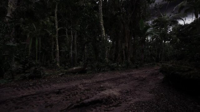 Dark forest edge under heavy sky, dense silhouettes of trunks and branches creating eerie stillness, low visibility with brooding tones, cinematic suspense