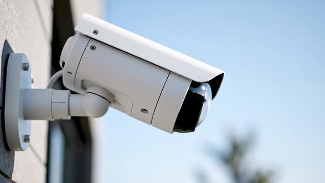 A white security camera is mounted on the exterior wall of a building, overlooking an outdoor area.