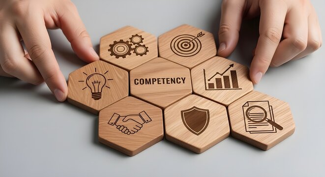 Hands arrange wooden hexagonal blocks representing core competency components, symbolizing skill development and strategic business growth towards success.