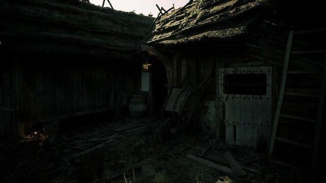 Dim courtyard entry with leaning ladder, narrow passage between thatch roofs and distant lantern glow, scattered debris and earthen path create secluded rural