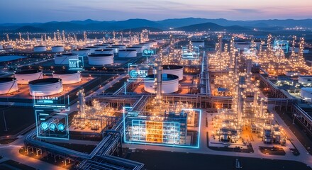 Fototapeta premium Modern oil refinery complex illuminated at night with digital data overlays representing advanced automated monitoring and industrial energy production