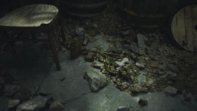 Dim arched cellar niche hiding stacked barrels and scattered debris, mossy mortar, cold damp air, narrow threshold leading to deeper shadows, clandestine