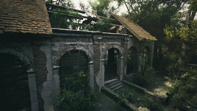 Mosscovered arcade and quiet steps in twilight, serene garden retreat feeling, soft cooling light, secluded pathway and gentle textures inviting calm