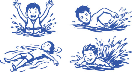 Fototapeta premium Hand Drawn Kids Swimming Silhouette Vector Illustration Set with Children Water Activity Summer Pool and Fun Design.