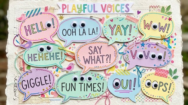A colorful illustration of playful speech bubbles with fun expressions and emojis