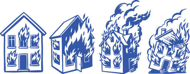 Fototapeta premium Hand Drawn Burning House Silhouette Vector Illustration Set with Fire Disaster Emergency and Damage Building Design.