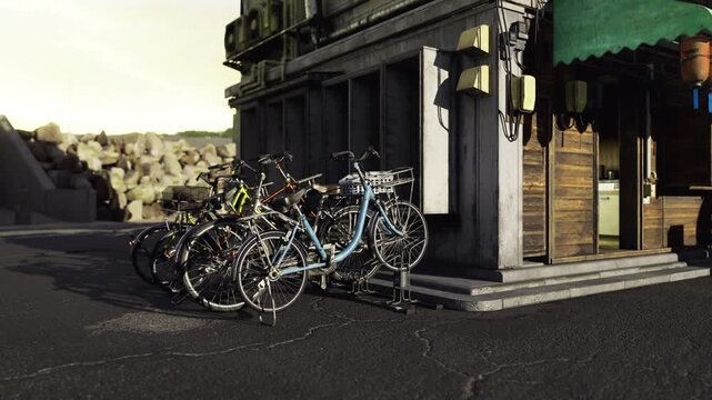 Cluster of bikes lined near market rental tags and baskets, signage glowing in dusk, distant skyline blur, bikesharing dock and parking area, touristfriendly