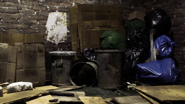 In a shadowy corner of an old alleyway, discarded items and trash bags accumulate. Crumpled cardboard boxes lean against brick walls, showcasing a lost tale of urban neglect and time.