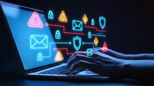 Cybersecurity Concept Hands Typing on Laptop with Glowing Data Protection Icons.