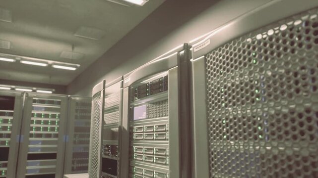 Colocation cabinets with glowing status indicators, multitenant hosting layout, metered power and monitoring, secure access and carrierneutral crossconnects.